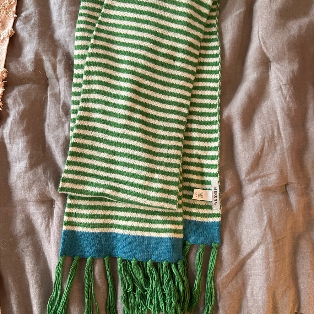 Merona Green and White Striped Scarf with Fringe